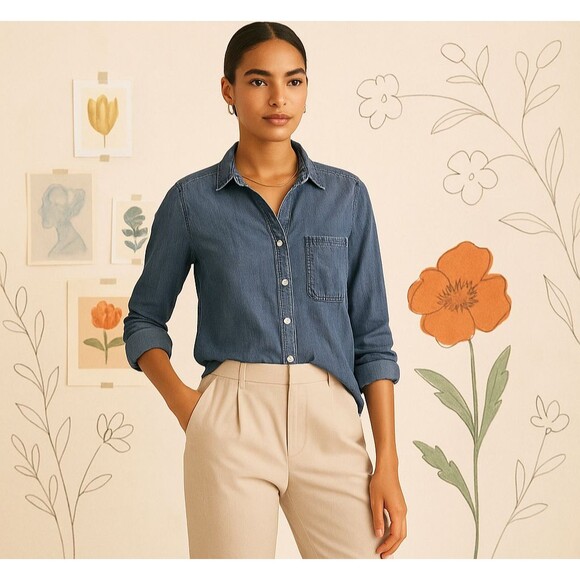 Cloth & Stone Tencel Anthropologie Chambray Button Down Top XS Soft Denim Shirt - Picture 1 of 15